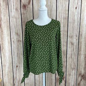 Everly Green Flowy Blouse w/White Polka Dots & Ties on Sleeves